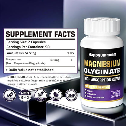 Magnesium Glycinate 400 MG per Serving 100% Chelated for High Absorption, Gentle On Stomach, Non-GMO, 180 Vegetarian Capsules