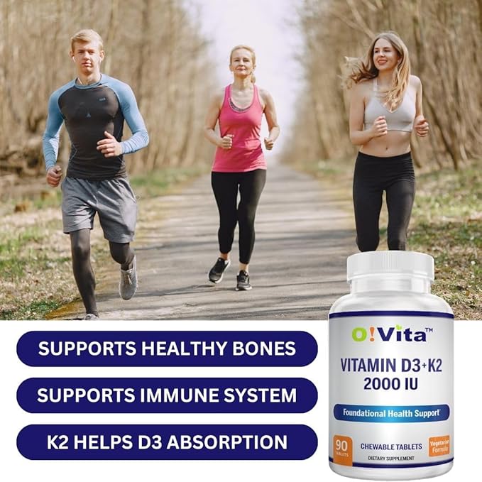 Vitamin D3 + K2 2000IU Chewable for Bone Health Support, 90 Vegan chewable Tablets, up to 3-Month Supply