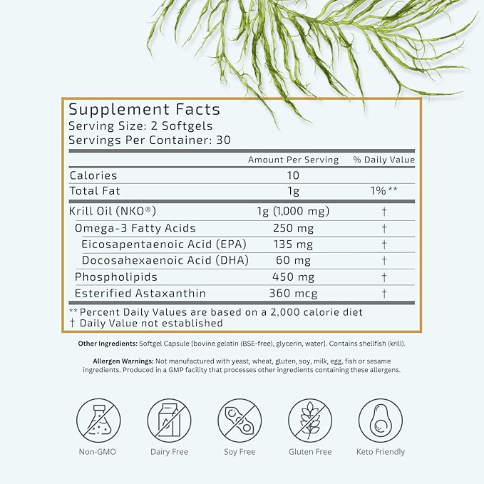 VTC VitaTradingCo. Krill Omega-3 Oil Supplement | 100mg Pure Antarctic Neptune Krill Oil (NKO) | EPA & DHA Astaxanthin | Brain, Heart, Joint & Eye Support | 60 Softgels