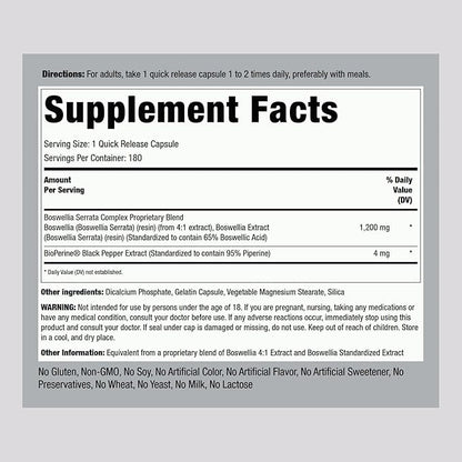 Piping Rock Boswellia Extract Capsules | 1200mg | 180 Count | Herbal Supplement | Standardized Complex | Non-GMO, Gluten Free