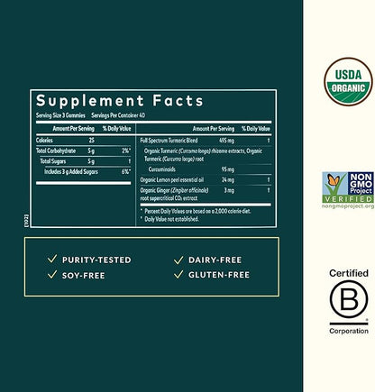 Gaia Herbs Turmeric Supreme Extra Strength Gummies - Supports Swelling Relief to Help Maintain an Active Lifestyle - Lemon Ginger Flavor - 120 Vegan Organic Gummies (40-Day Supply)