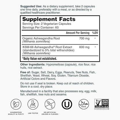 Nature's Lab Extra Strength Ashwagandha KSM 66 Extract - 5% Withanolides, Pure Organic Ashwagandha Root Powder - Supports Stress Relief, Focus and Strength Support* - 120 Ct (60 Day Supply)