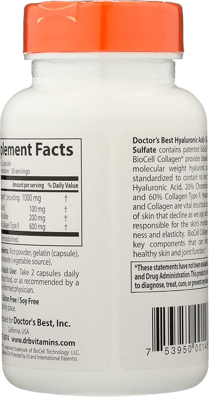 Doctors Best Hyaluronic Acid + Chondroitin Sulfate with BioCell Collagen, Non-GMO, Vegan, 60 Capsule (Pack of 1)