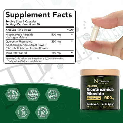 Liposomal Nicotinamide Riboside 900mg Resveratrol & Quercetin – NAD Supplement Plus for Anti Aging, Cellular Energy & Improve Health- 80 Capsules