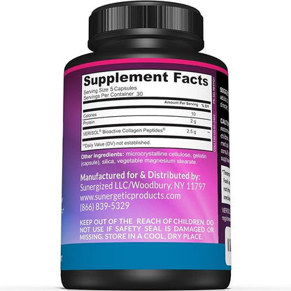 Sunergetic Premium Collagen Peptides Capsules – 2500 mg of VERISOL Collagen Peptides Type 1 & Type 3 – Multi Collagen Supplement to Support Joint Health, Hair, Skin & Nails – 150 Collagen Capsules