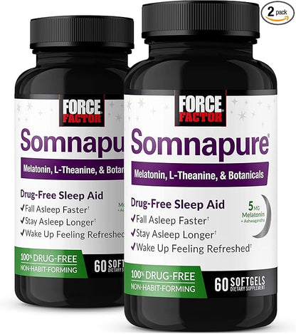 FORCE FACTOR Somnapure Softgels 2-Pack Sleep Aid to Fall Asleep Faster, Stay Asleep Longer, Wake Up Refreshed, Sleep Aid for Adults with Melatonin, Ashwagandha, Valerian Root, 120 Softgels