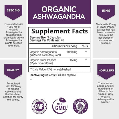 Organic Ashwagandha Extra Strength 1950 mg - Ashwagandha Supplements for Women & Men, Antioxidant Support, Nature's Vegan Ashwagandha Powder Organic, Non-GMO & Gluten Free - 120 Capsules