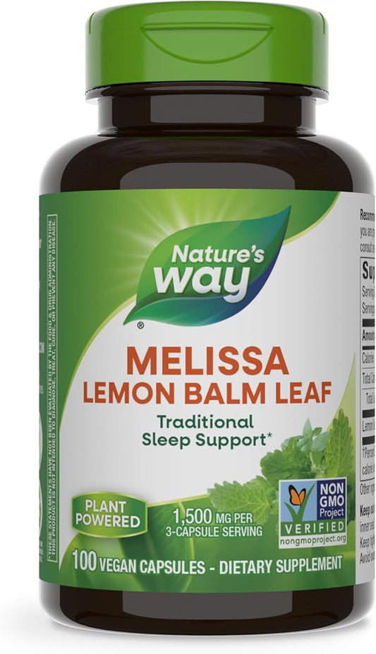 Nature's Way Melissa Lemon Balm Leaf, Traditional Sleep Support*, 1,500 mg per 3-Capsule Serving, Non-GMO Project Verified, 100 Vegan Capsules (Packaging May Vary)