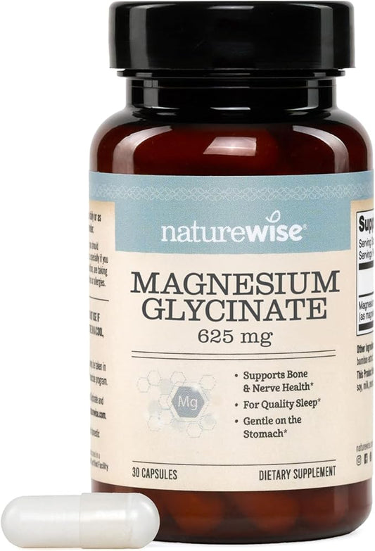 NatureWise Magnesium Glycinate 625 mg - Equal to 125 mg Elemental Mg - Chelated Magnesium Glycinate for Sleep, Relaxation, Muscle & Bones* - Gentle on Stomach, Vegan - 30 Capsules[30-Day Supply]