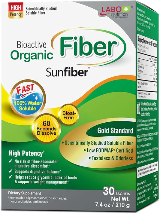 LABO Nutrition Bioactive Organic Fiber – Sunfiber PHGG Soluble Prebiotic Fiber for Digestive Regularity & Gut Health – Partially Hydrolyzed Guar Gum, Low FODMAP, Unflavored, Vegan, Non-GMO, 30 Sachets