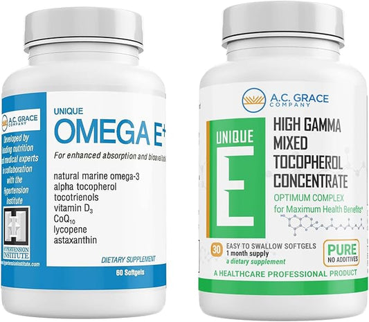 UNIQUE E A.C. Grace Company Mixed Tocopherols Concentrate 30 Softgels and Omega E+ Fish Oil Supplement 60 Softgels