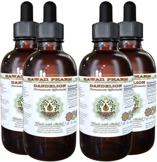 Dandelion Alcohol-Free Liquid Extract, Organic Dandelion (Taraxacum Officinale) Dried Leaf Glycerite Hawaii Pharm Natural Herbal Supplement 4x4 oz