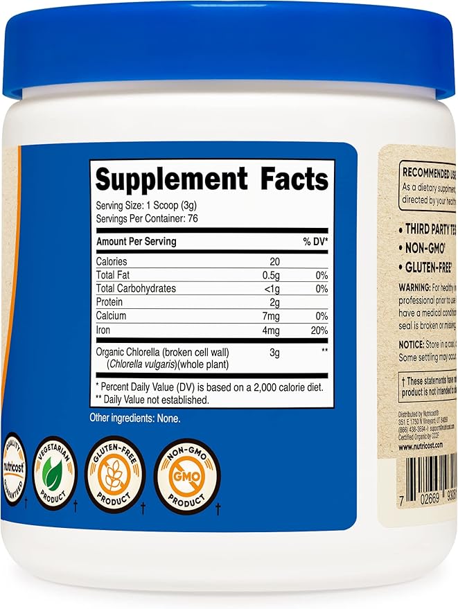 Nutricost Organic Chlorella 8oz (.5 LBs) (2 Bottles) - 3000mg Per Serving