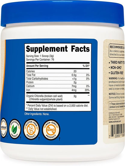Nutricost Organic Chlorella 8oz (.5 LBs) (2 Bottles) - 3000mg Per Serving