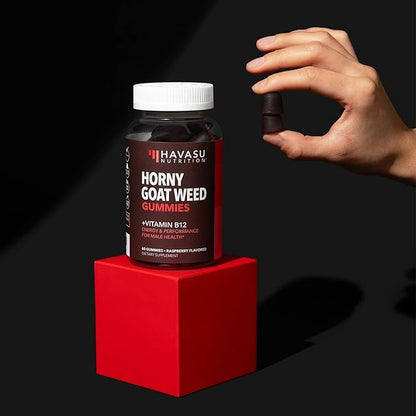 Horny Goat Weed Gummies with Vitamin B12 - Energy, Endurance & Performance Support for Male Health - 60 Count - Vegetarian-Friendly, Non-GMO, Pectin-Based - Raspberry Flavor, 1 Month Supply