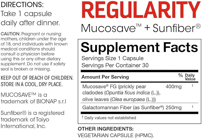Silver Fern Brand Regularity Digestive Supplement - 1 Bottle = 30 Capsules = 30 Day Supply - Mucosave FG (Prickly Pear Polysaccharides & Olive Leaf Polyphenols) & SunFiber