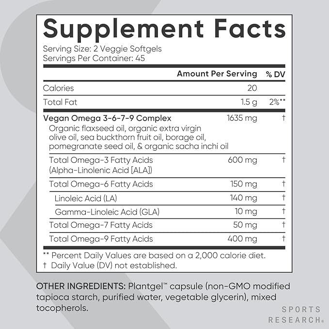 Sports Research® Vegan Omega 3-6-7-9 - 1200 mg of Multi-Spectrum Omega Fatty Acids Certified Non-GMO Formula with Sea Buckthorn & Borage Oil - 90 Veggie Softgels