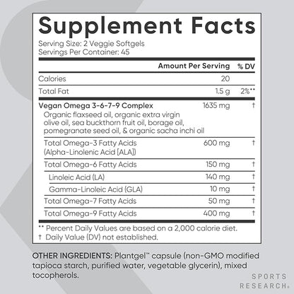 Sports Research® Vegan Omega 3-6-7-9 - 1200 mg of Multi-Spectrum Omega Fatty Acids Certified Non-GMO Formula with Sea Buckthorn & Borage Oil - 90 Veggie Softgels