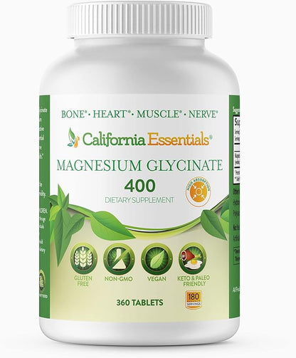 California Essentials Magnesium Glycinate 400 - Chelated, High Absorption Elemental Magnesium for Muscle Relief, Bone & Heart Support -Vegan, Non-GMO, Gluten-Free (360 Counts (Pack of 1))