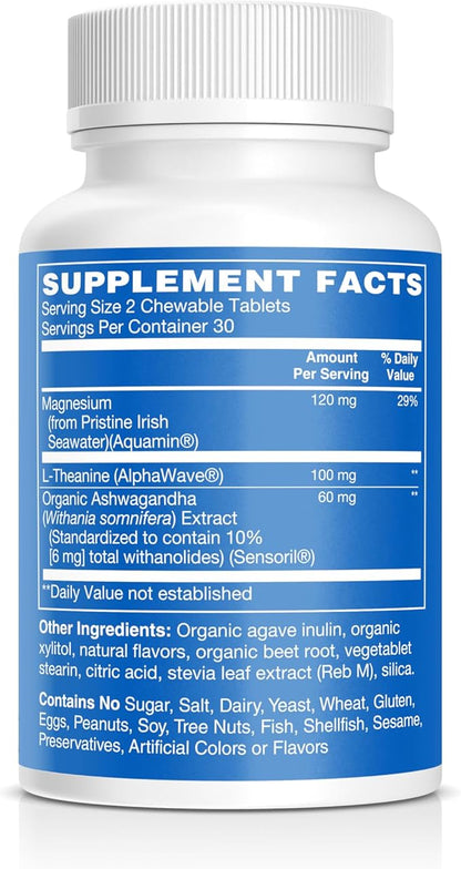 Magnesium & Ashwagandha Chewable Tablets for Adults – High Absorption Magnesium Stress Support Supplement – Gluten-Free, Vegan, Non-GMO, Grape-Flavored (60 Count)