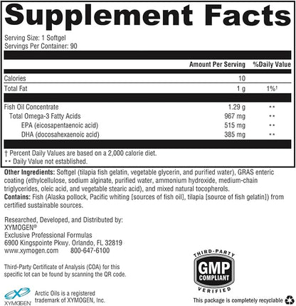 XYMOGEN OmegaPure 900 EC - Alaskan IFOS Five-Star Certified Omega 3 Fish Oil - EPA DHA Fish Oil Supplement- Supports Cardiovascular and Brain Health (90 Enteric-Coated Softgels)