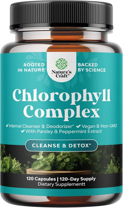 Chlorophyll Capsules for Cleanse and Detox Support - Internal Deodorant Pills for Body Odor with Mint & Parsley Extract Healthy Skin Immunity & Digestive Support - Vegan Non-GMO & Gluten Free (120ct)
