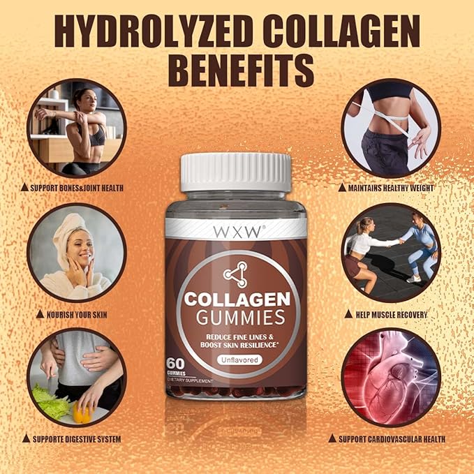 WXW Collagen Gummies - Unflavored - Type 1 & 3 Collagen Peptides for Women with Biotin, Vitamin C, E for Hair Skin and Nails & Joint Support - 60 Count