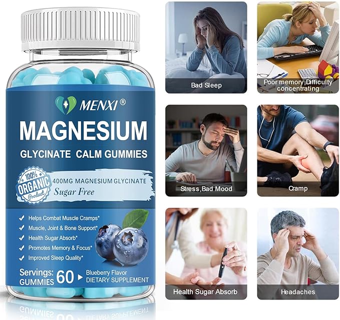 Magnesium Gummies 600mg per Serving-Magnesium Glycinate 400mg and Magnesium Malate 200mg,Sugar Free Magnesium Potassium Supplement for Calm Mood, Muscle, Bone & Sleep Support,60 Blueberry Gummies