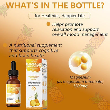 Magnesium L-Threonate Liquid Drops Restore Health Magnesium Levels Support Cardiovascular Promote Restful Sleep Relax Pineapple Flavor 60ml