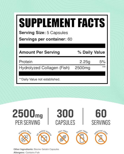 BulkSupplements.com Marine Collagen Capsules - Fish Collagen Supplement, Collagen for Women & Men - Hydrolyzed Collagen, Gluten Free, 5 Capsules per Serving, 300 Capsules (Pack of 1)