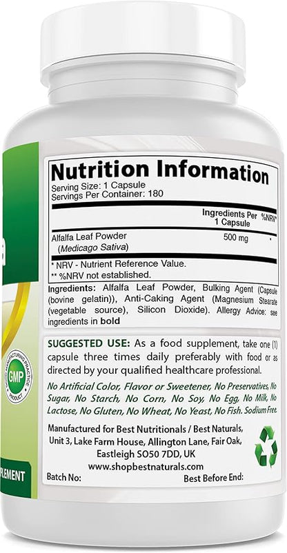 Best Naturals Alfalfa Green Super Food 500 mg 180 Capsules (180 Count (Pack of 1))