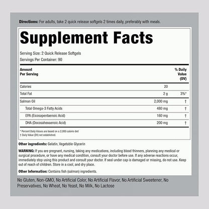 Piping Rock Wild Alaskan Salmon Fish Oil | 1000mg | 180 Softgels | Supplements for Humans | Omega-3, EPA, and DHA | Non-GMO and Gluten Free