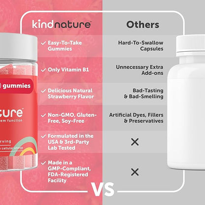 Kind Nature Vitamin B1 Gummies 500mg – High Potency Thiamine Supplement for Energy, Focus & Nervous System – Vegan, Non-GMO Chewable B1 Vitamins for Adults & Kids – Natural Strawberry Flavor – 60 Ct