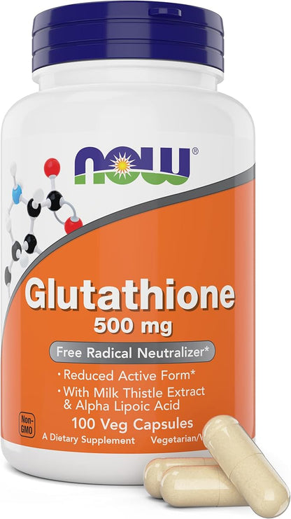 Now Glutathione 500 mg, 100 Vegan Capsules - Reduced Form GSH Supplement - Enhanced with Milk Thistle Extract and Alpha Lipoic Acid
