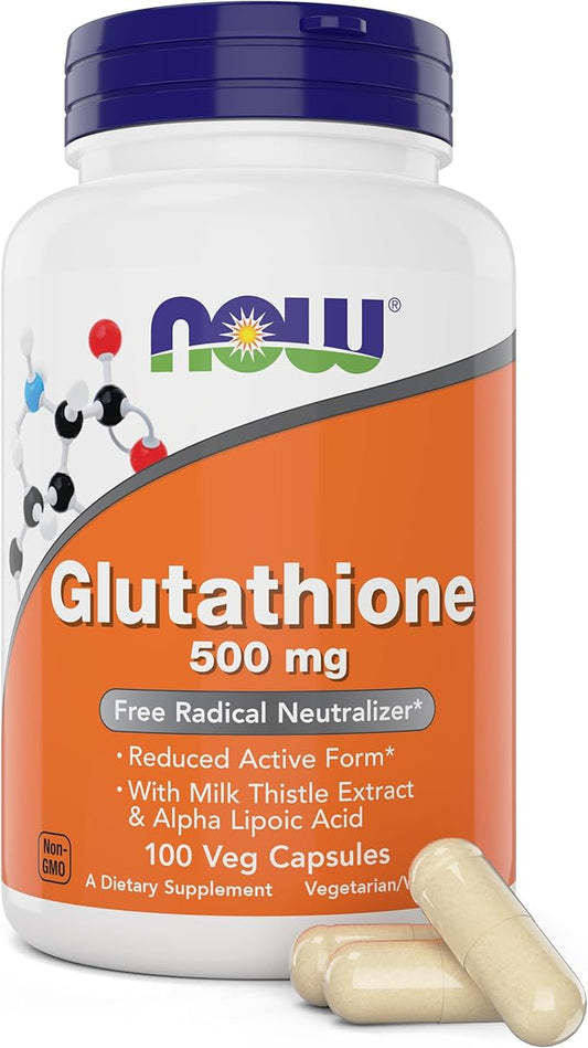 Now Glutathione 500 mg, 100 Vegan Capsules - Reduced Form GSH Supplement - Enhanced with Milk Thistle Extract and Alpha Lipoic Acid