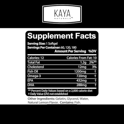 Kaya Naturals Omega 3 Supplement - Nature Made Omega 3 Fish Oil - 100% Pure Sea-Harvested Pelagic Fish Oil with No Fishy Aftertaste - 60 Count Softgels