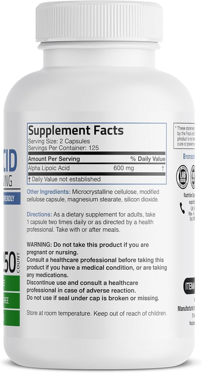 Bronson Alpha Lipoic Acid 600 MG Free Radical Scavenger Supports Health - Non-GMO, 250 Vegetarian Capsules (125 Servings)