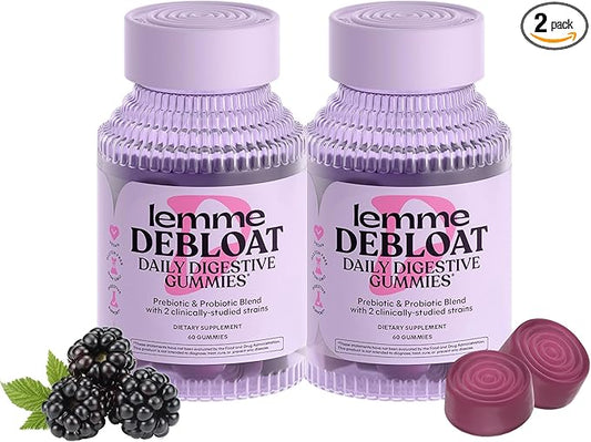 Lemme Debloat - Digestive & Gut Health Gummies with 2 Clinically Studied Probiotics & Prebiotic, 3 Billion CFUs - Vegetarian, Gluten Free, Non GMO, BlackBerry Flavor (60 Count) (Pack of 2)