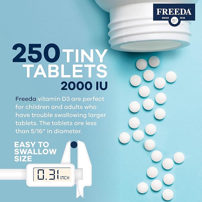 FREEDA Vitamin D3-2000 IU – High-Potency Vitamin D for Bone Strength & Immune Support – Easy-to-Swallow Tablets – 250 Tiny Tablets