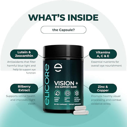 Vision+ Eye Support Blend - Eye Vitamins and Mineral Supplement with Lutein, Zeaxanthin, Bilberry Extract, Vitamins A, C & E, Zinc & Copper - Support Eye Health & Clear Vision – 60 Veg Caps