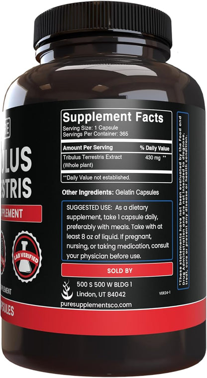 PURE ORIGINAL INGREDIENTS Tribulus Terrestris, No Magnesium Or Rice Fillers, Always Pure, Lab Verified (365 Capsules)
