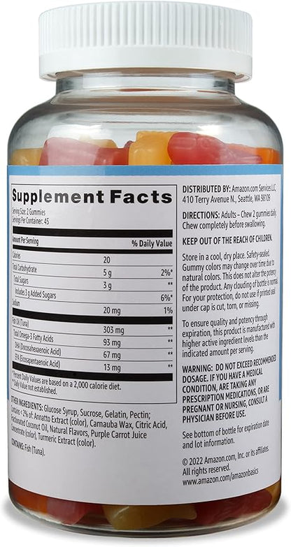 Amazon Basics Fish Oil 303 mg, Lemon, Orange & Strawberry-Banana Flavors, 90 Gummies (2 per Serving), EPA and DHA Omega-3 Fatty acids (Previously Solimo) (Pack of 2)