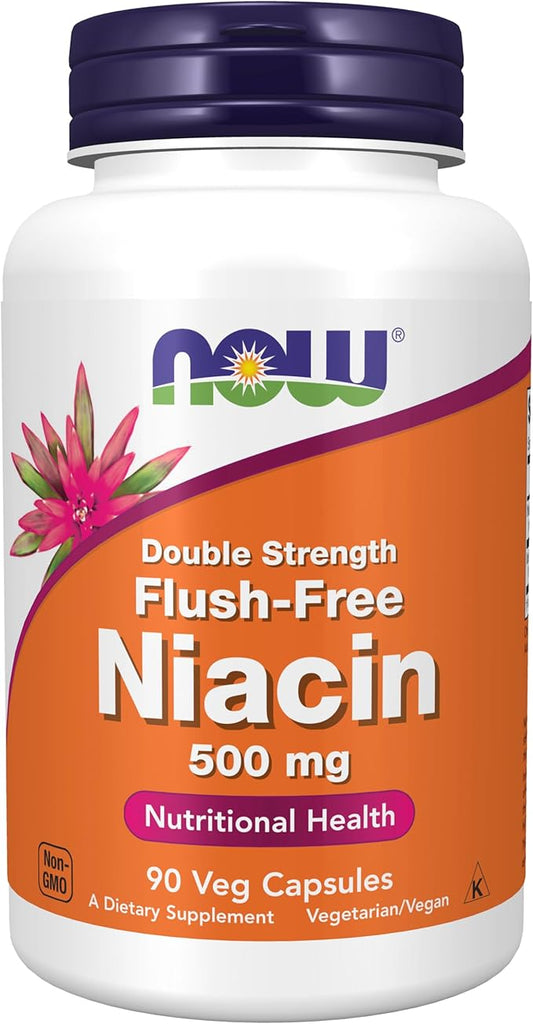NOW Foods Supplements, Niacin (Vitamin B-3) 500 mg, Flush-Free, Double Strength, Nutritional Health, 90 Veg Capsules