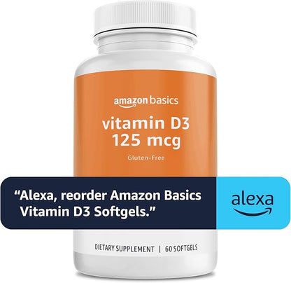 Amazon Basics - Vitamin D3, 125 mcg, 60 Softgels (1 per serving), Gluten Free