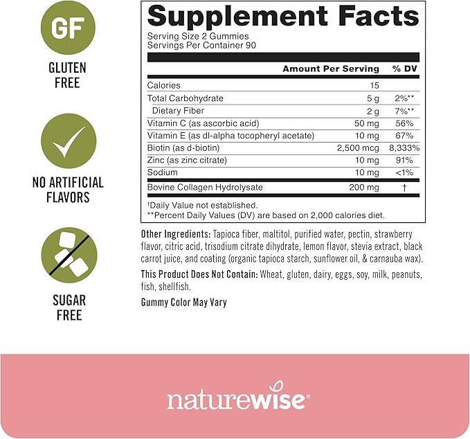 NatureWise Collagen Gummies - Sugar-Free Hydrolyzed Collagen Gummies - Type 1 & 3 Peptides for Women + Biotin, Vitamin C, E, & Zinc for Hair Skin and Nails Support - 180 Count[3-Month Supply]