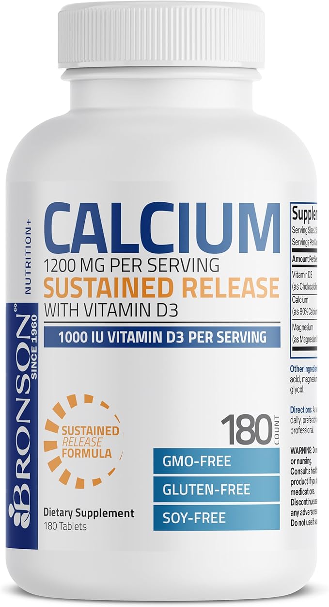 Bronson Calcium 1200 MG Per Serving Sustained Release with Vitamin D3 1000 IU Vitamin D3 Per Serving Non-GMO, 180 Tablets