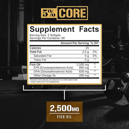 5% Nutrition Core Fish Oil Supplement | 2,500 mg EPA DHA Omega 3 Fatty Acid Supplement | Burpless Fish Oil for Faster Recovery, Joint Support, Heart Health (60 Servings / 120 Softgels)