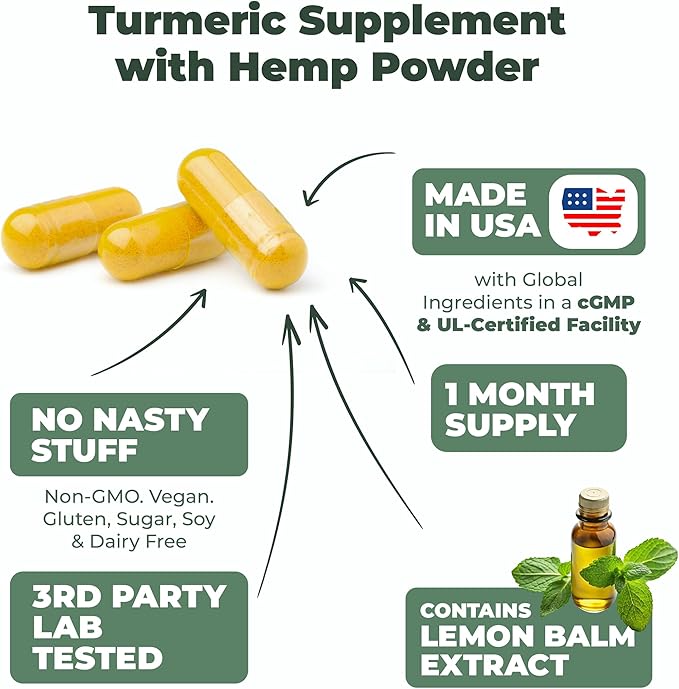Turmeric Supplement and Hemp Capsules - Turmeric Curcumin with Black Pepper (Bioperine) for Joint, Sleep & Mood Support. Joint Supplements for Women & Men with Tumeric, Hemp & Lemon Balm. 2 Pack