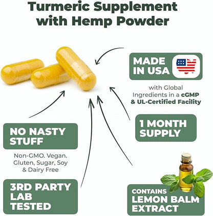 Turmeric Supplement and Hemp Capsules - Turmeric Curcumin with Black Pepper (Bioperine) for Joint, Sleep & Mood Support. Joint Supplements for Women & Men with Tumeric, Hemp & Lemon Balm. 2 Pack