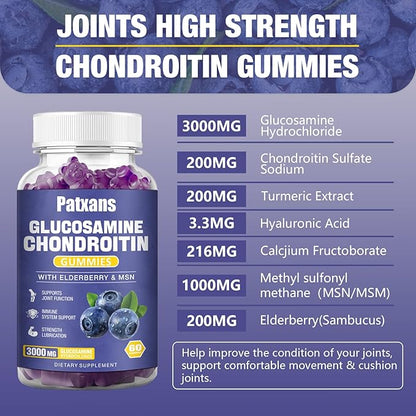 1 Pack 3000MG Glucosamine Chondroitin Gummies - Extra Strength Joint Health & MSM Elderberry Natural Joint Support Supplement, Flexibility, Antioxidant Immune Support for Adults, 60 Gummies.